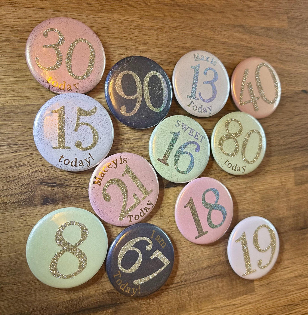 Custom Birthday Age Button Badge: Glitter Iridescent Pastel 58mm