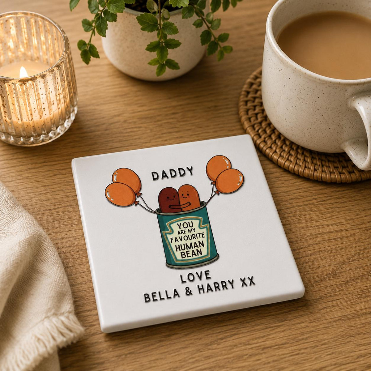 Personalised Ceramic Coaster | Custom Name, 3D Effect, Favourite Human Bean