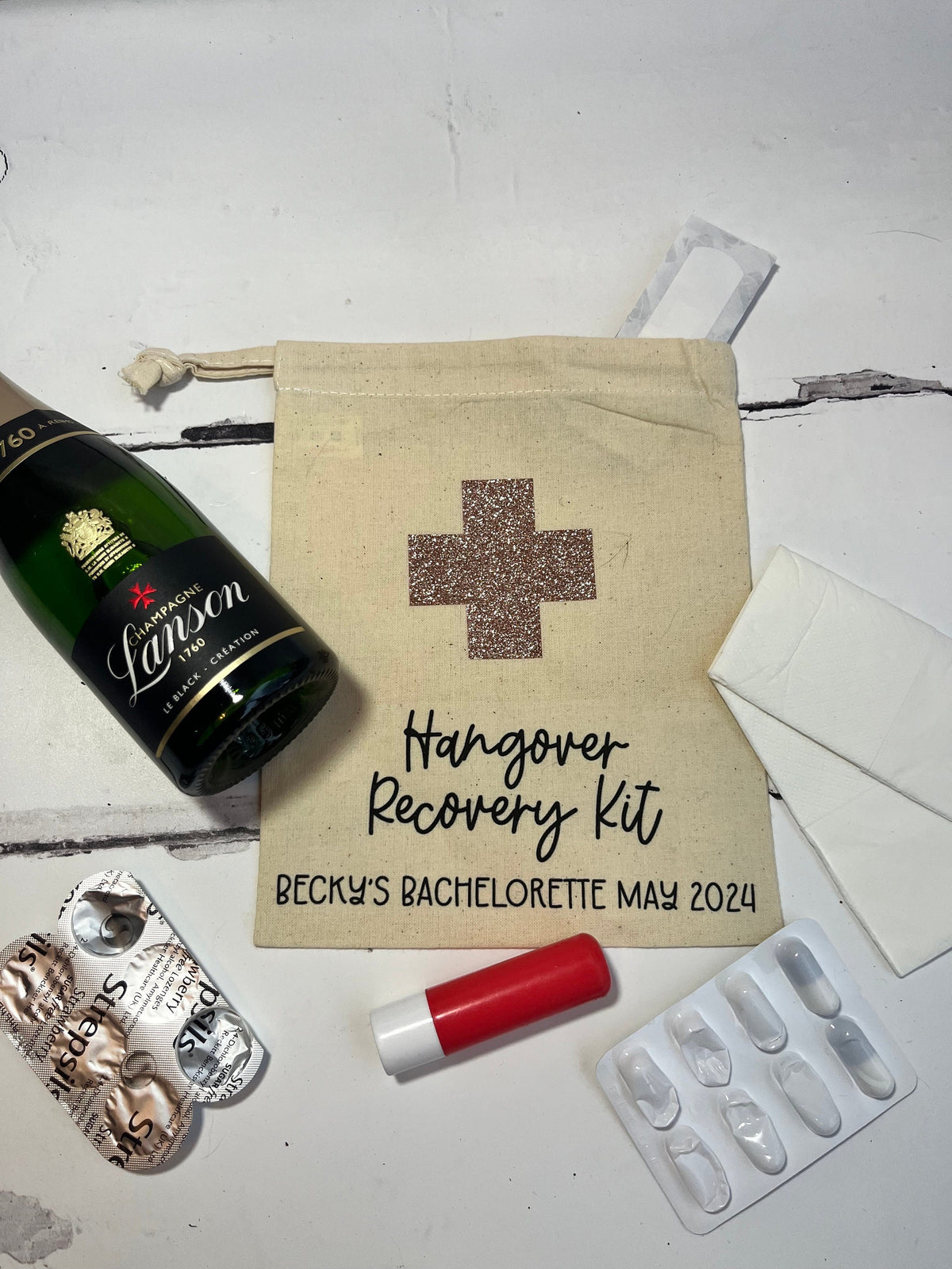 Personalised Cotton Hangover Recovery Kit Bag: Bachelorette Party Favour