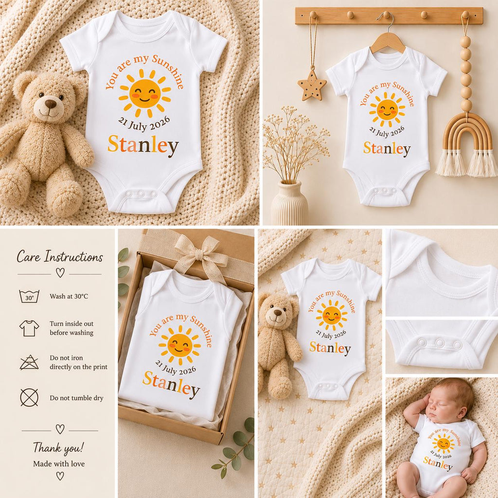 Personalised Sunshine Baby Grow | Custom Name, Birth Date Bodysuit