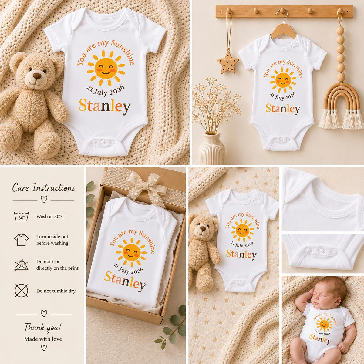 Personalised Sunshine Baby Grow | Custom Name, Birth Date Bodysuit