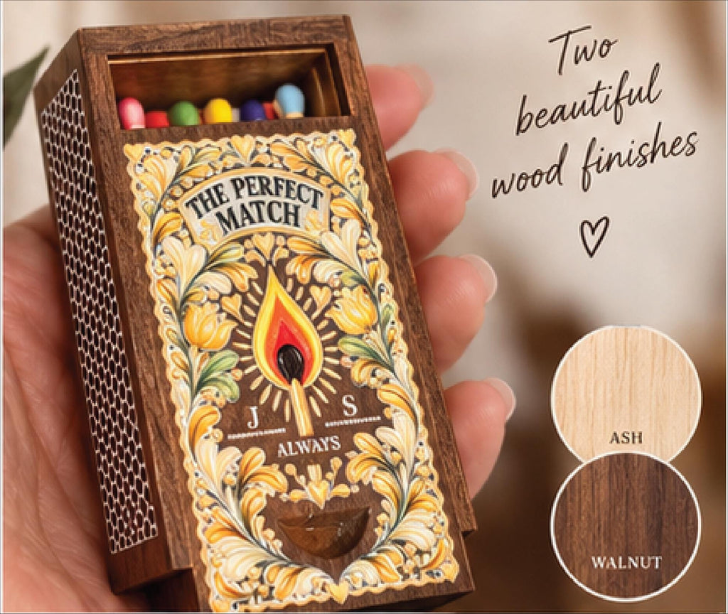 Personalised Wooden Matchbox, Custom Couples Keepsake, Wedding Anniversary Gift (Ash or Walnut)