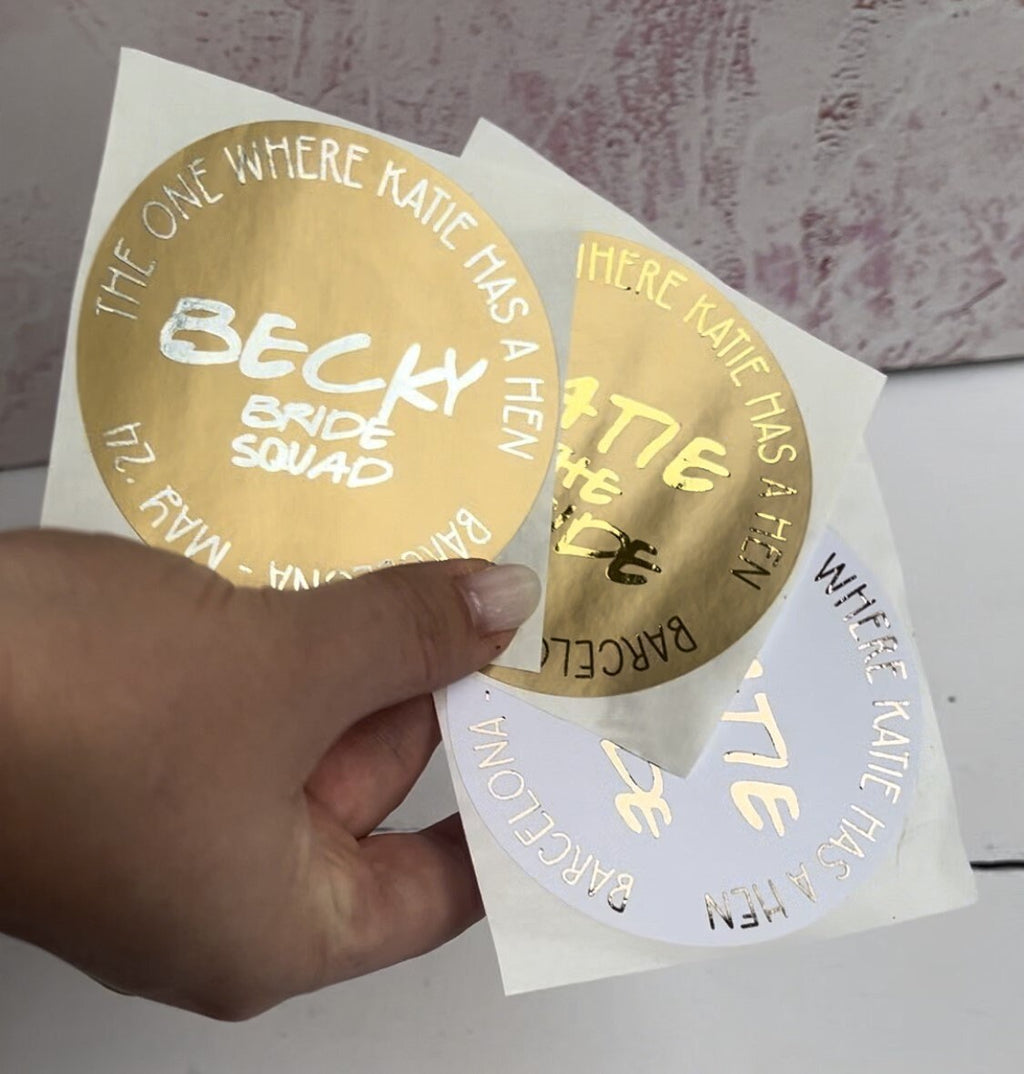 Personalised Hen Party Stickers: Metallic Gold Foil, Custom Bride Squad (88mm)
