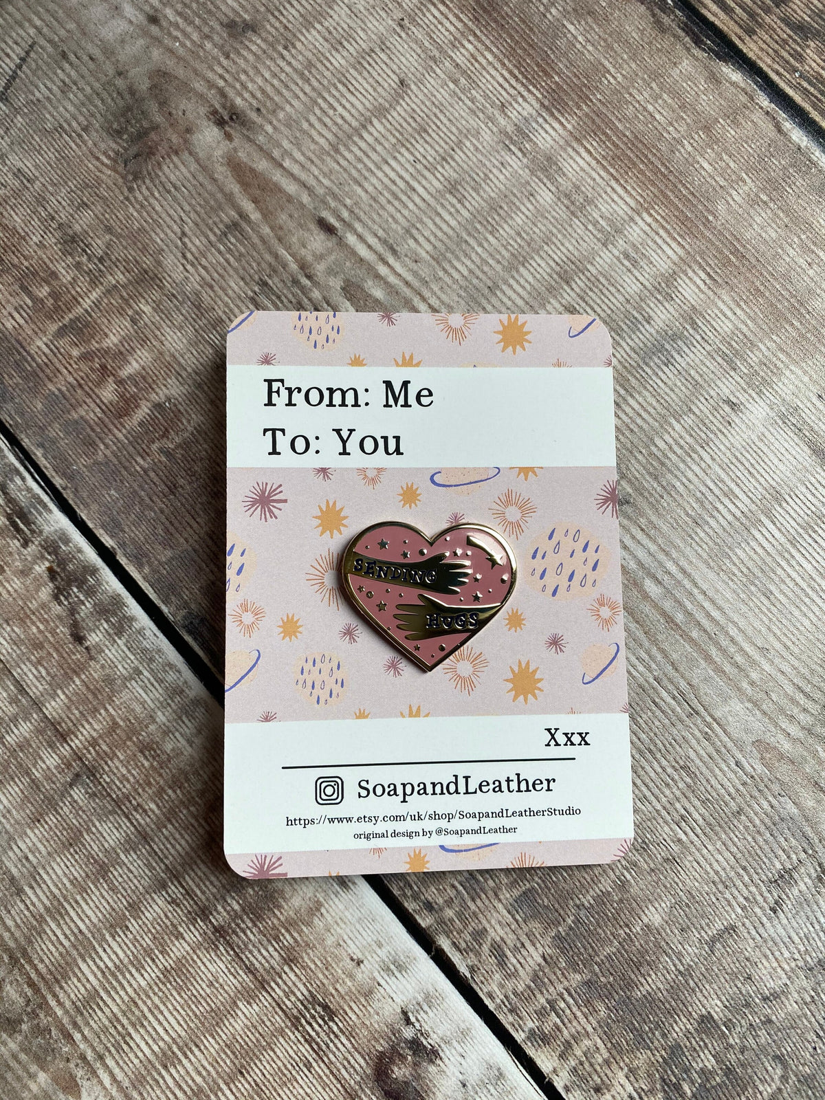 Sending Hugs Enamel Pin: Gold & Blush Letterbox Gift