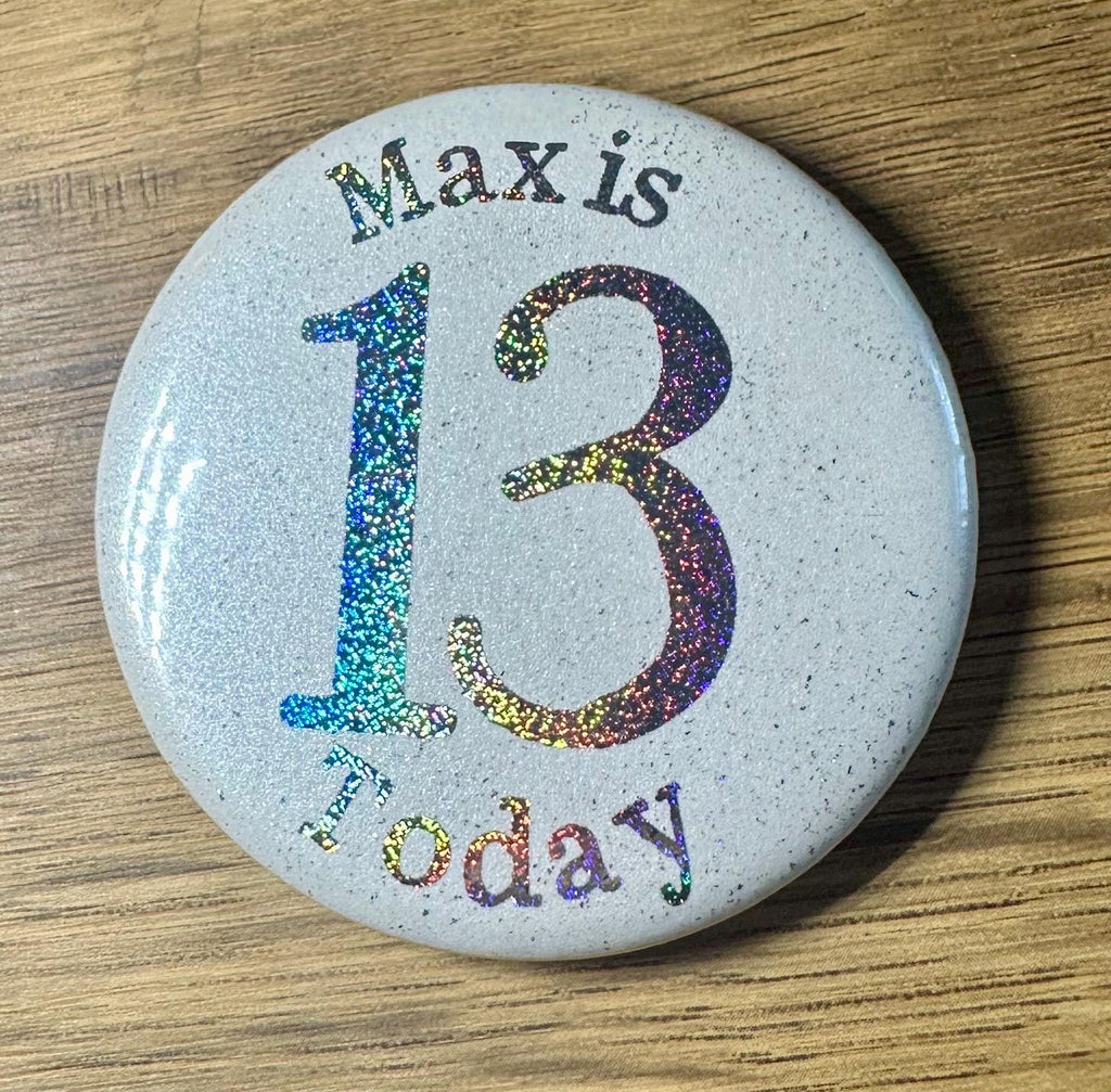 Custom Birthday Age Button Badge: Glitter Iridescent Pastel 58mm