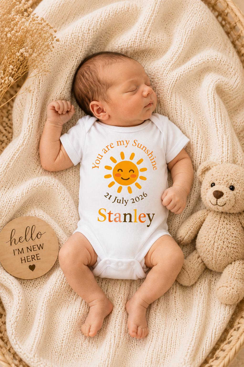 Personalised Sunshine Baby Grow | Custom Name, Birth Date Bodysuit