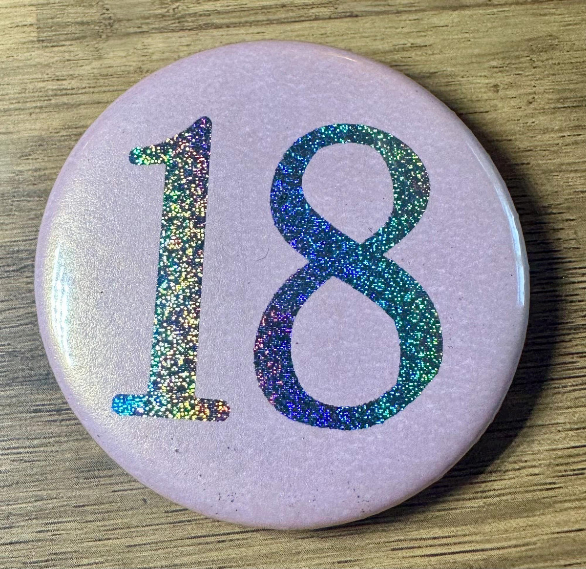 Custom Birthday Age Button Badge: Glitter Iridescent Pastel 58mm