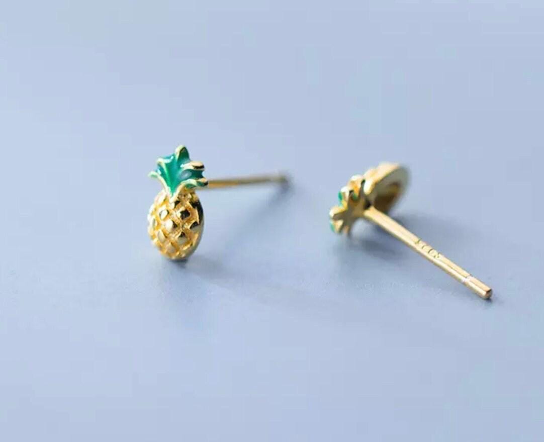 Tiny Gold Enamel Pineapple Stud Earrings - Sending Love, Letterbox Gift, Good Luck, IVF
