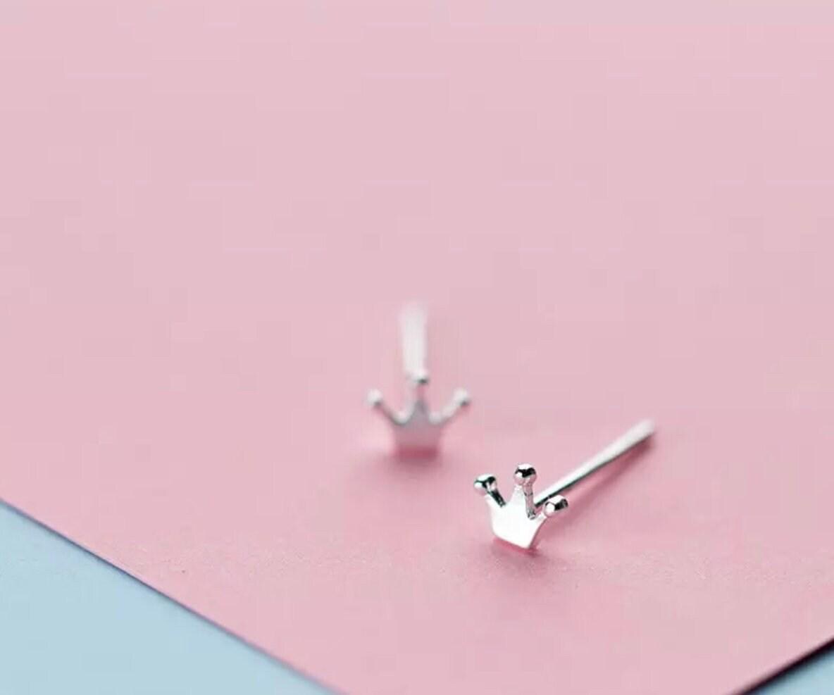 Tiny Minimalist Sterling Silver Crown Stud Earrings - Sending Love, Letterbox Gift, Yas Queen
