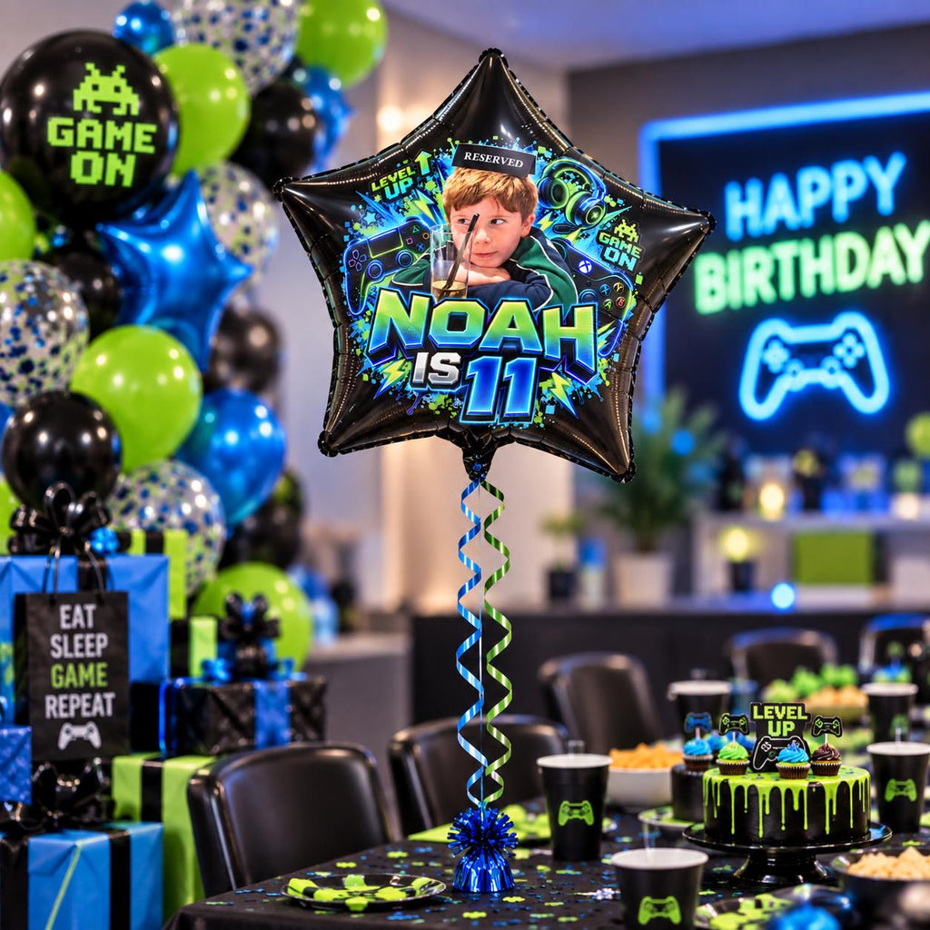 Personalised Gamer Birthday Balloon, Custom Photo 18" Black Foil Star Balloon