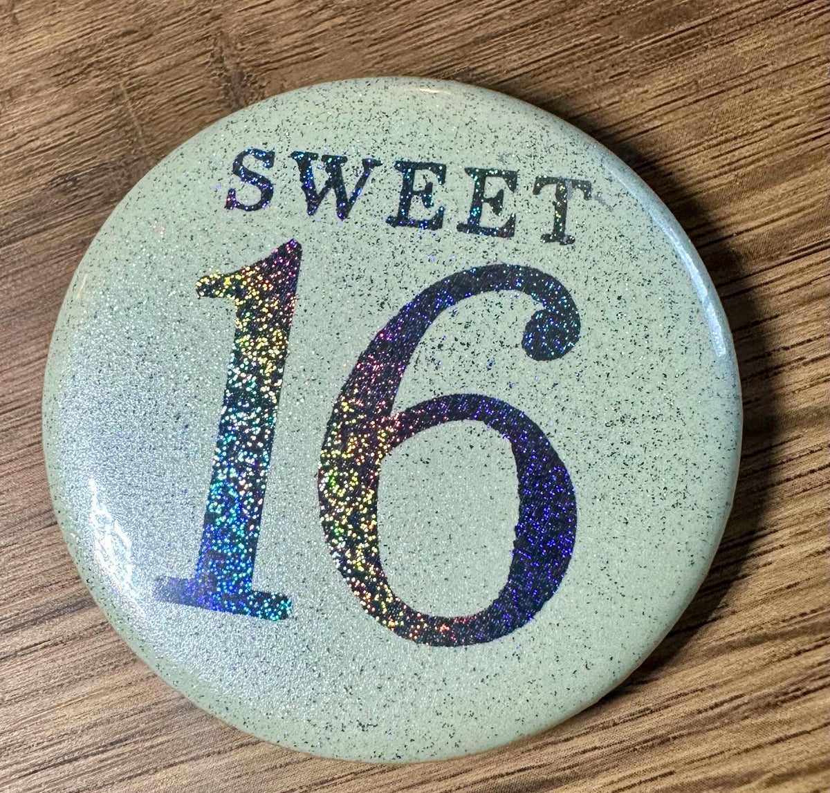 Custom Birthday Age Button Badge: Glitter Iridescent Pastel 58mm