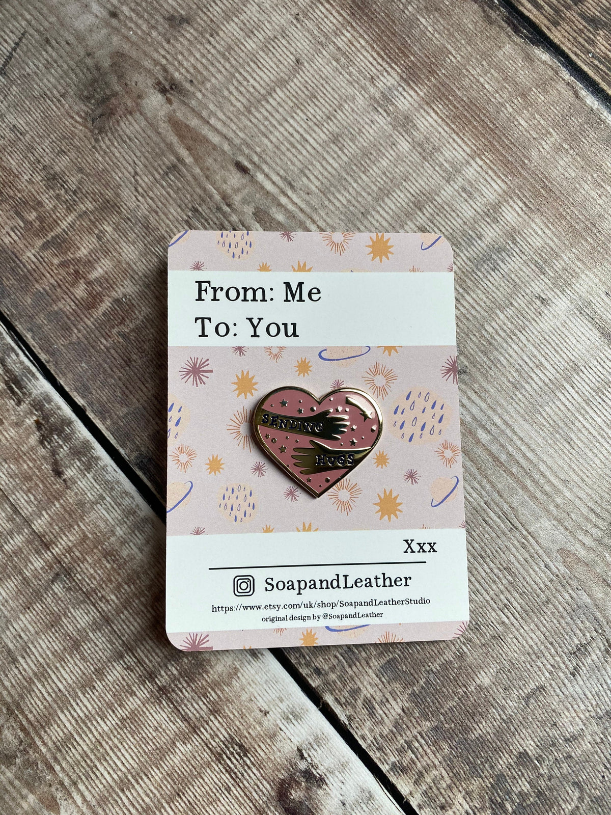 Sending Hugs Enamel Pin: Gold & Blush Letterbox Gift