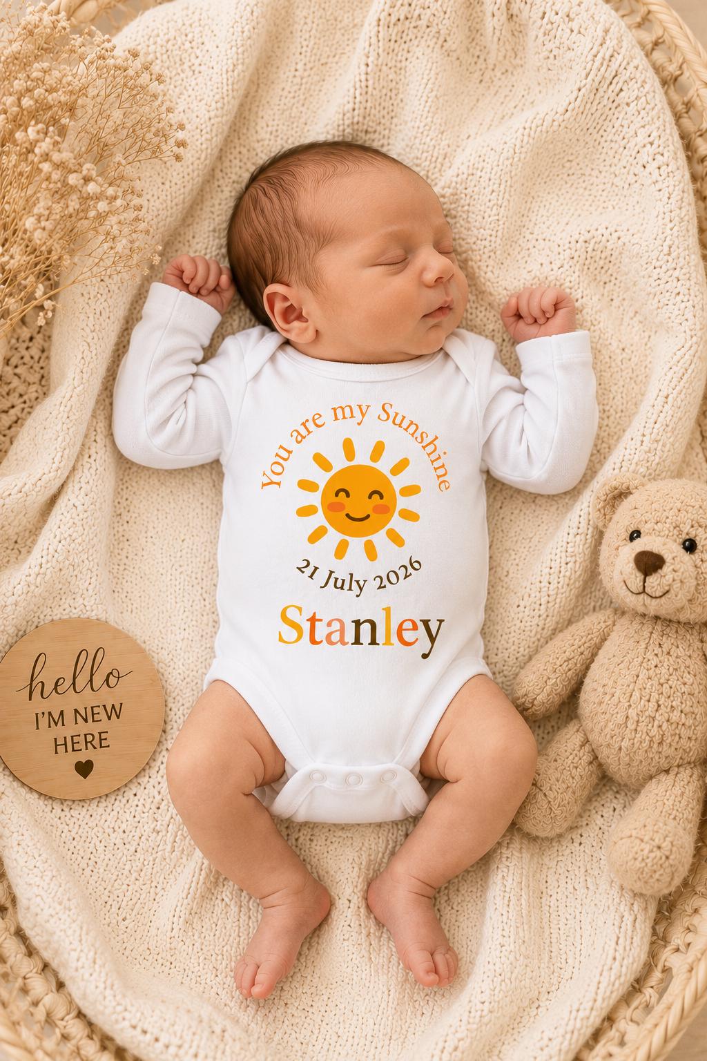 Personalised Sunshine Baby Grow | Custom Name, Birth Date Bodysuit