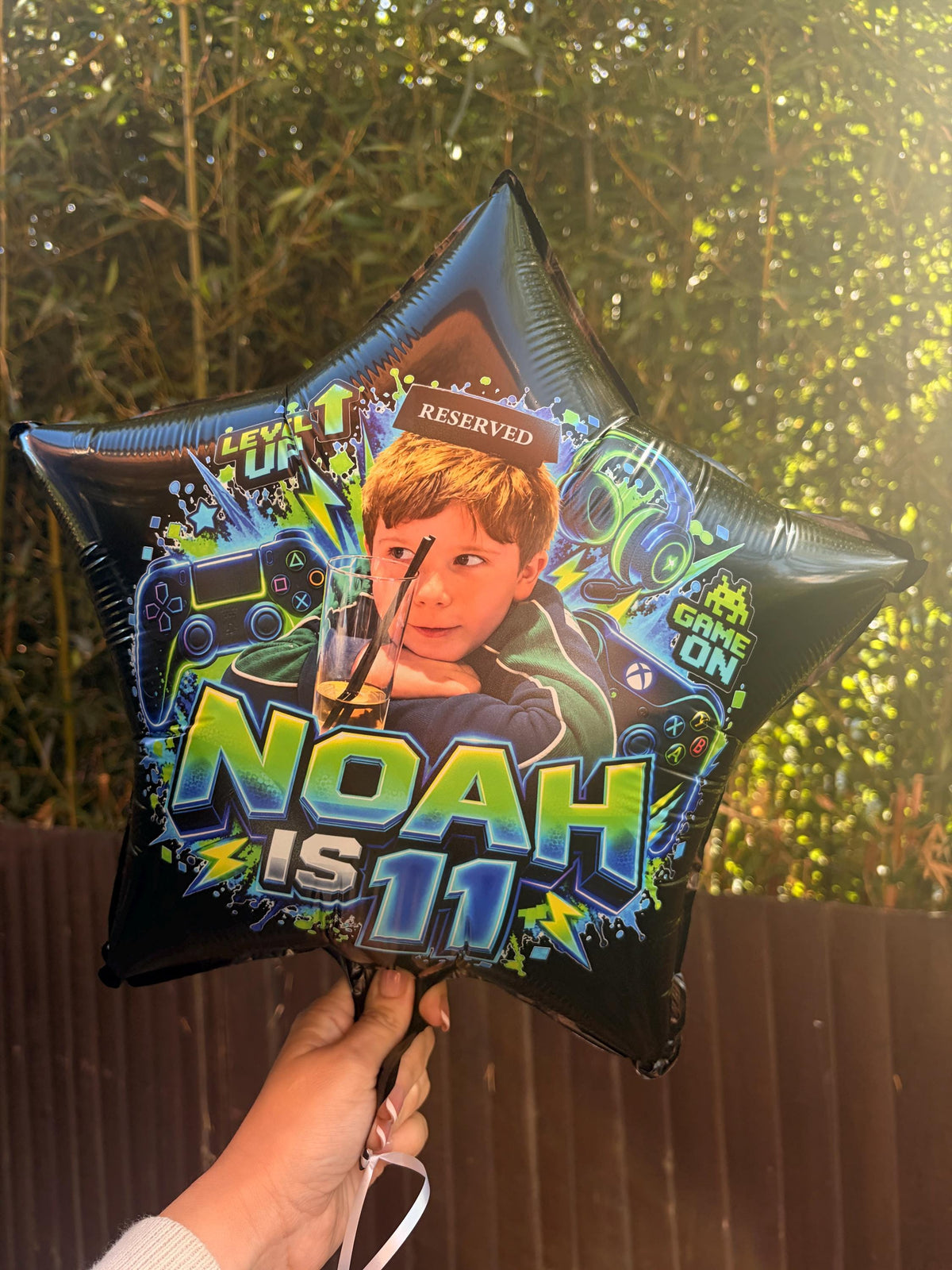 Personalised Gamer Birthday Balloon, Custom Photo 18" Black Foil Star Balloon