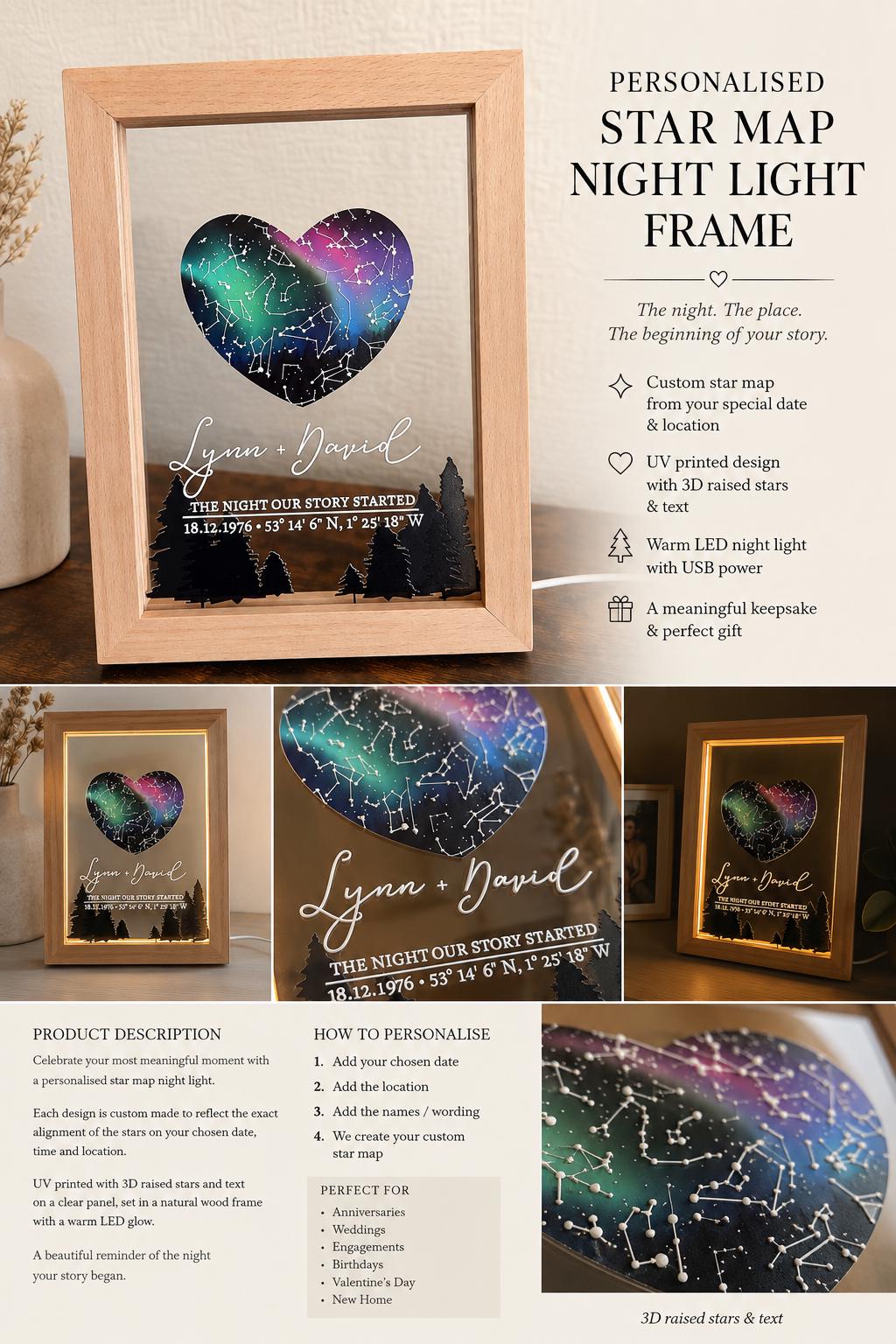 Personalised 3D Star Map LED Night Light | Custom Couple Keepsake (Wooden Frame)