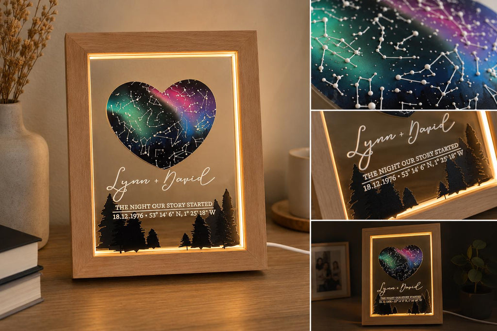 Personalised 3D Star Map LED Night Light | Custom Couple Keepsake (Wooden Frame)