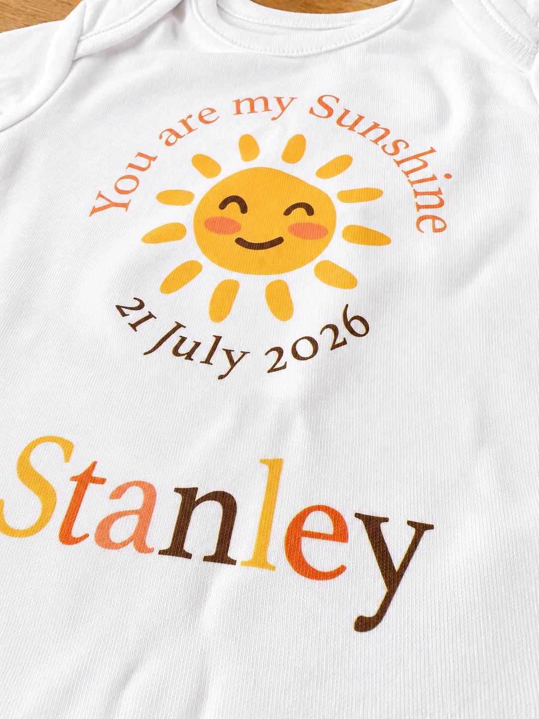 Personalised Sunshine Baby Grow | Custom Name, Birth Date Bodysuit
