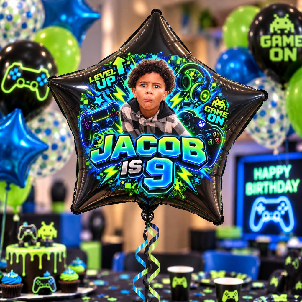 Personalised Gamer Birthday Balloon, Custom Photo 18" Black Foil Star Balloon