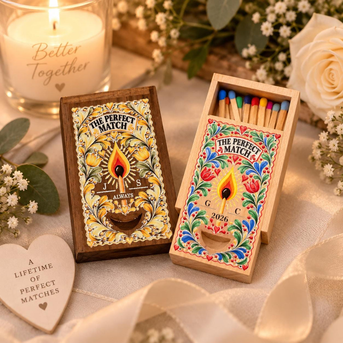 Personalised Wooden Matchbox, Custom Couples Keepsake, Wedding Anniversary Gift (Ash or Walnut)