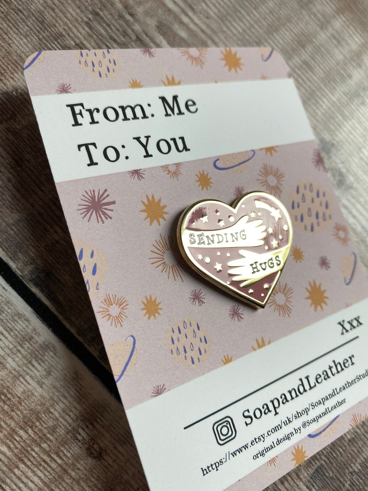 Sending Hugs Enamel Pin: Gold & Blush Letterbox Gift
