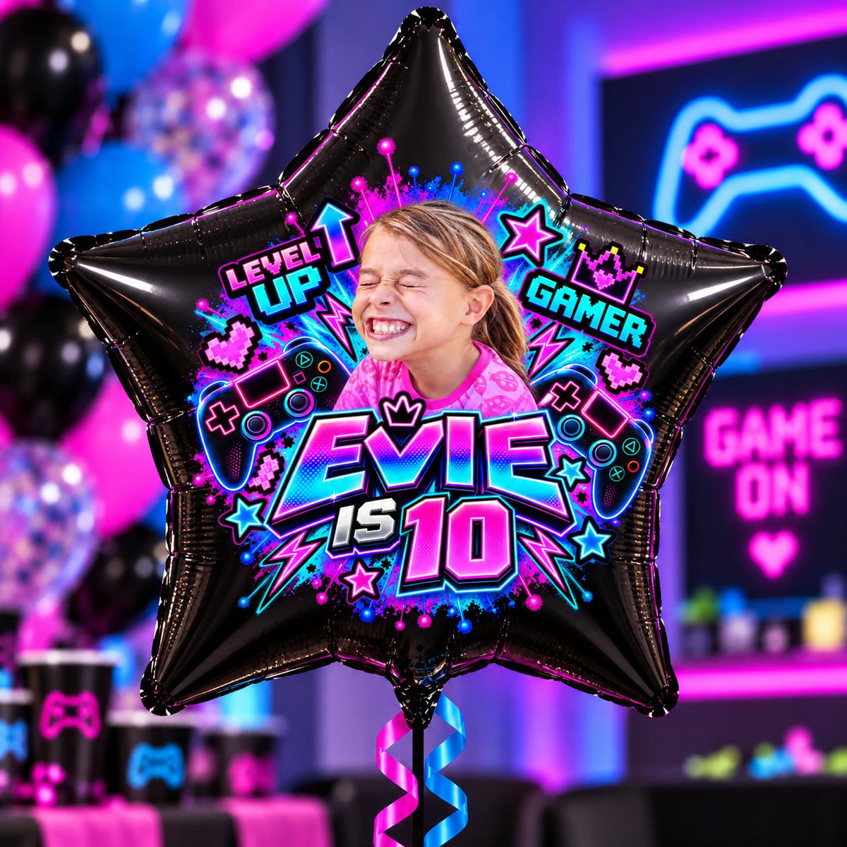 Personalised Gamer Birthday Balloon, Custom Photo 18" Black Foil Star Balloon