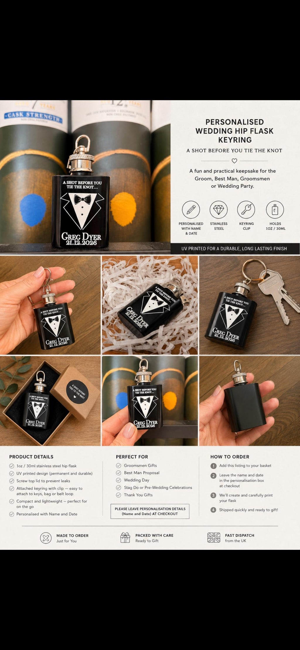 Personalised Hip Flask Keyring, Wedding Groomsmen Gift, Black Stainless Steel (1oz)