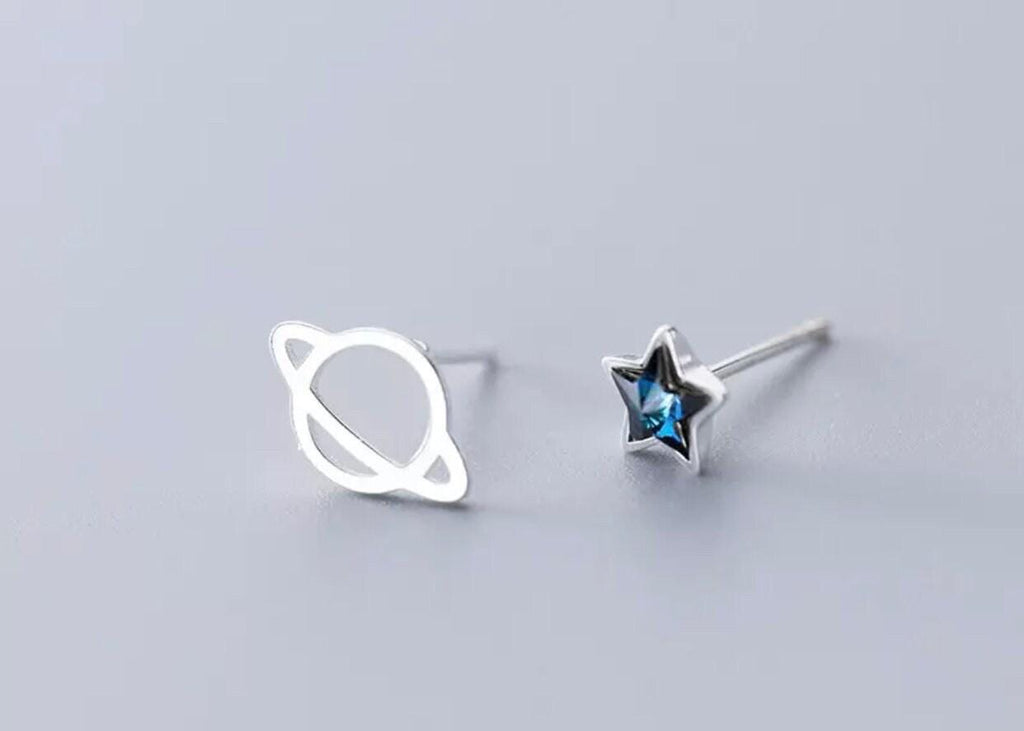 Sterling Silver Planet and Blue Crystal Star Stud Earrings - Look at the Stars, Letterbox Gift