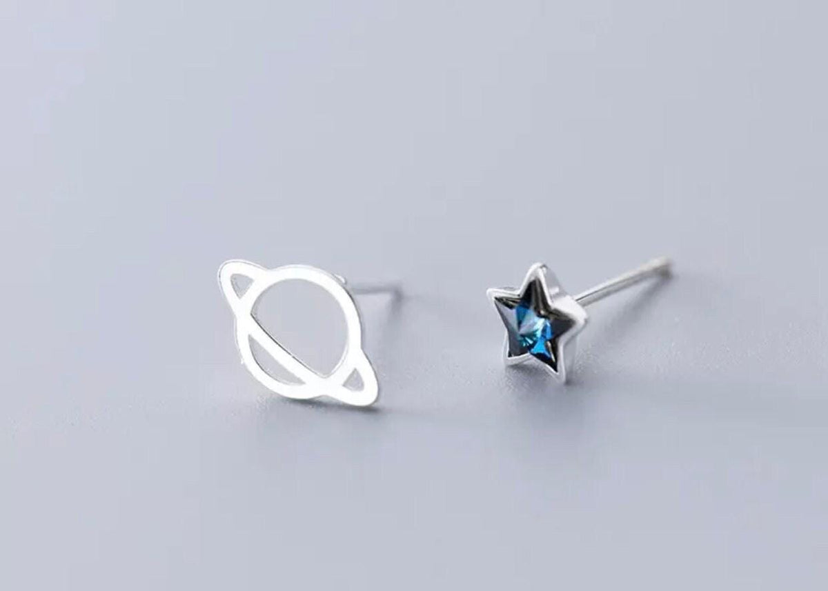 Sterling Silver Planet and Blue Crystal Star Stud Earrings - Look at the Stars, Letterbox Gift