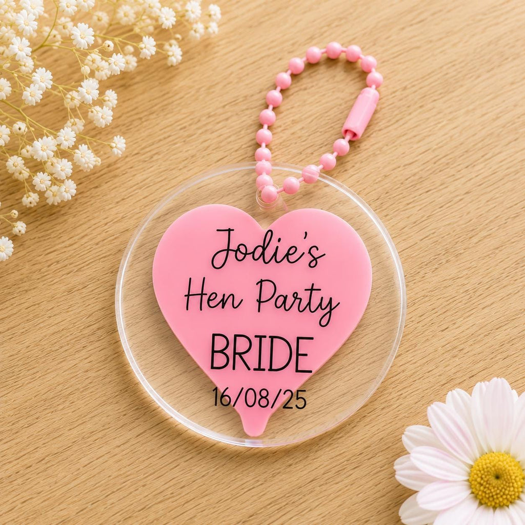 Personalised Hen Party Acrylic Tags | Custom Weekend Bag Favours, Bride Name Keepsake