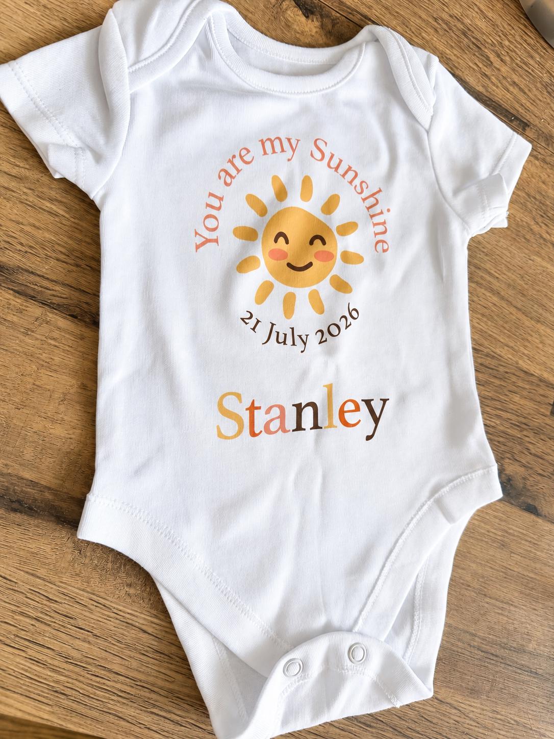 Personalised Sunshine Baby Grow | Custom Name, Birth Date Bodysuit