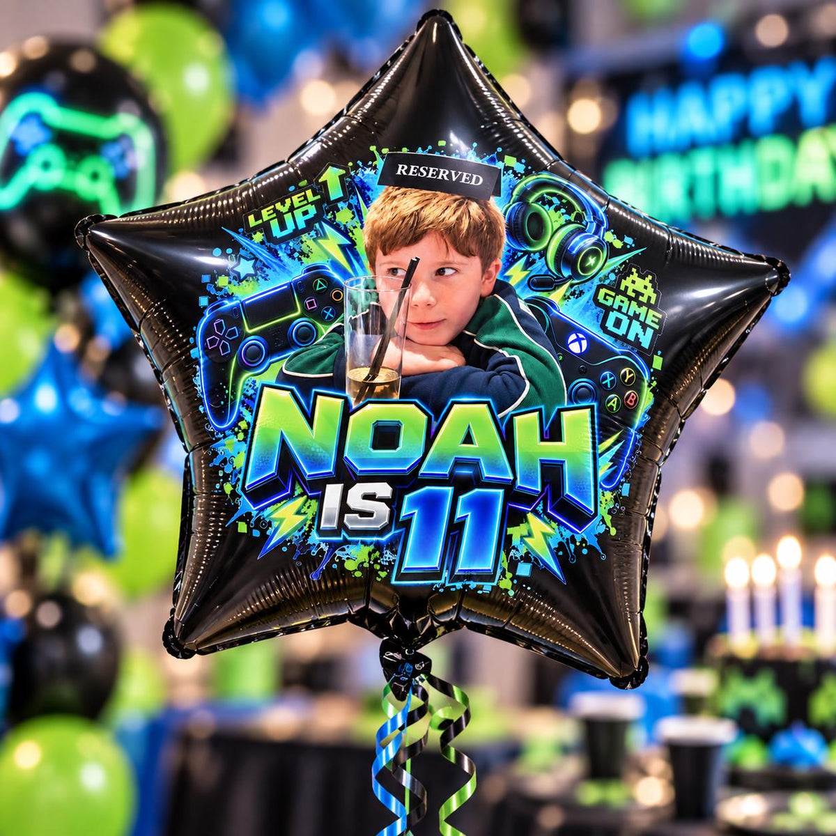 Personalised Gamer Birthday Balloon, Custom Photo 18" Black Foil Star Balloon