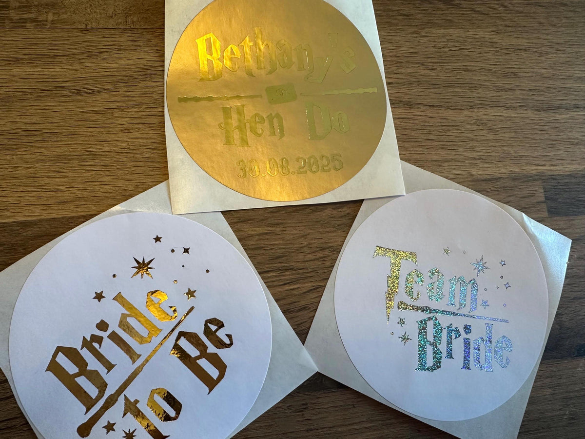 Wizard Hen Party Stickers: Personalised Metallic Foil Stickers (88mm)