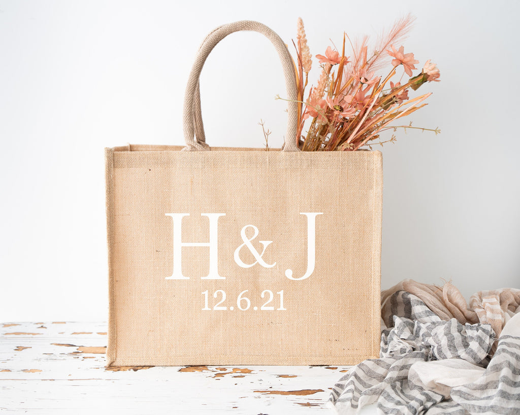 Personalised Jute Wedding Tote Bag - Custom Initials & Date