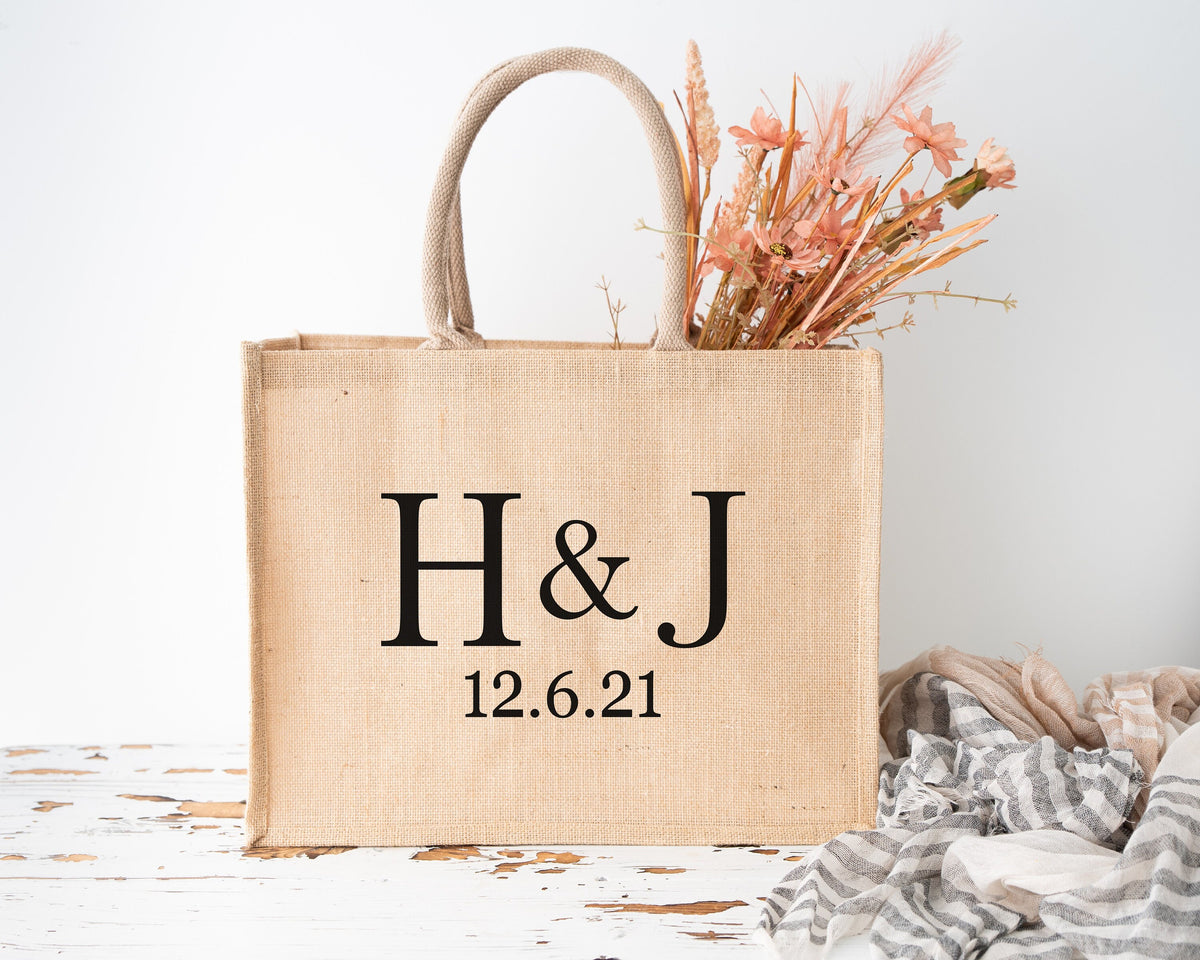 Personalised Jute Wedding Tote Bag - Custom Initials & Date