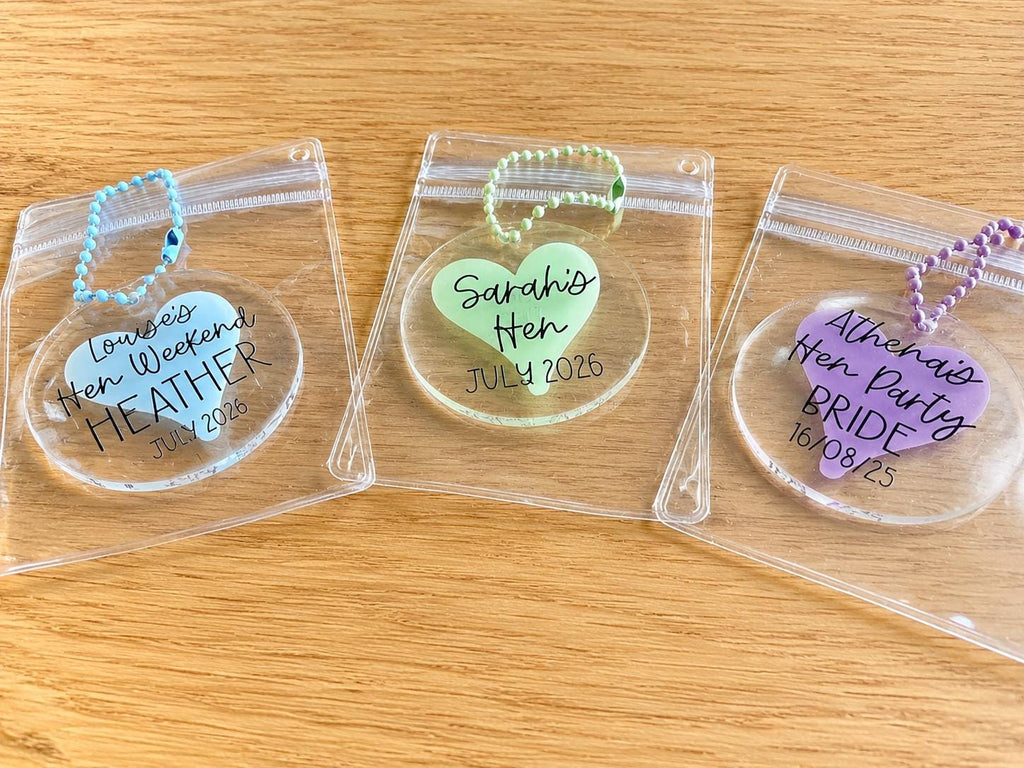Personalised Hen Party Acrylic Tags | Custom Weekend Bag Favours, Bride Name Keepsake