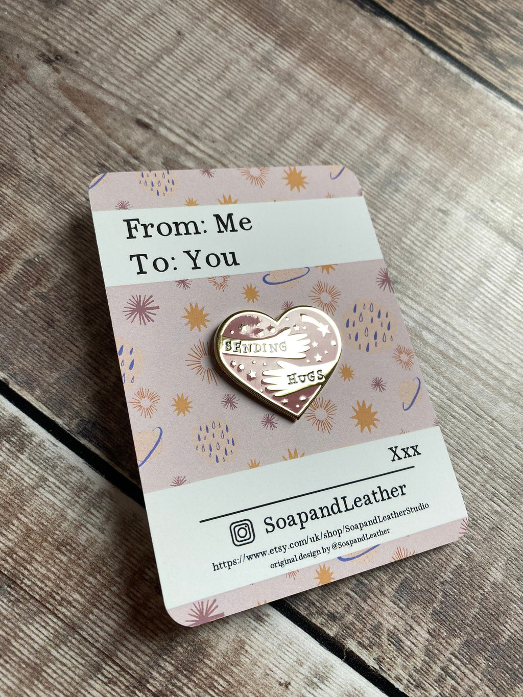 Sending Hugs Enamel Pin: Gold & Blush Letterbox Gift
