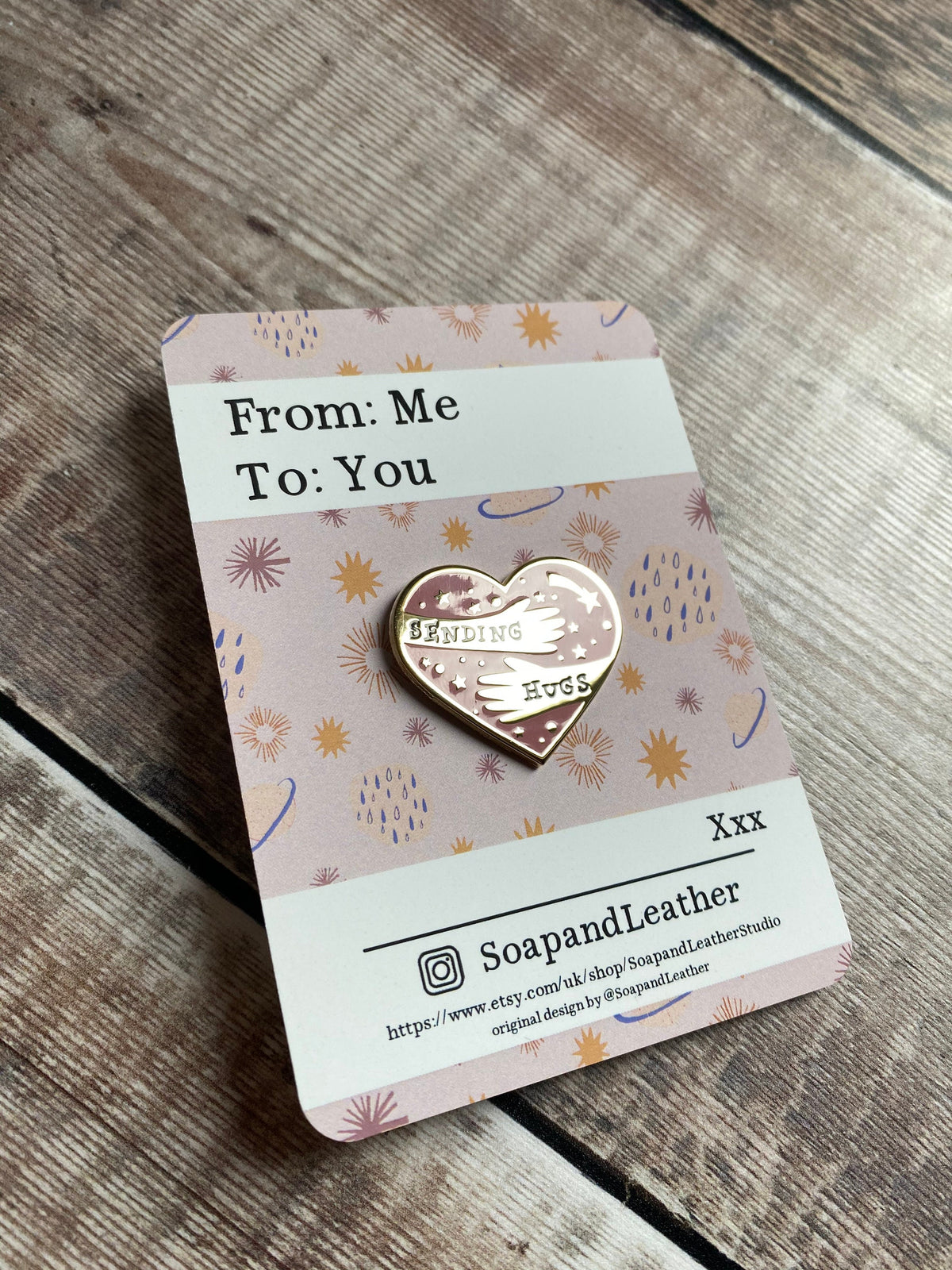 Sending Hugs Enamel Pin: Gold & Blush Letterbox Gift