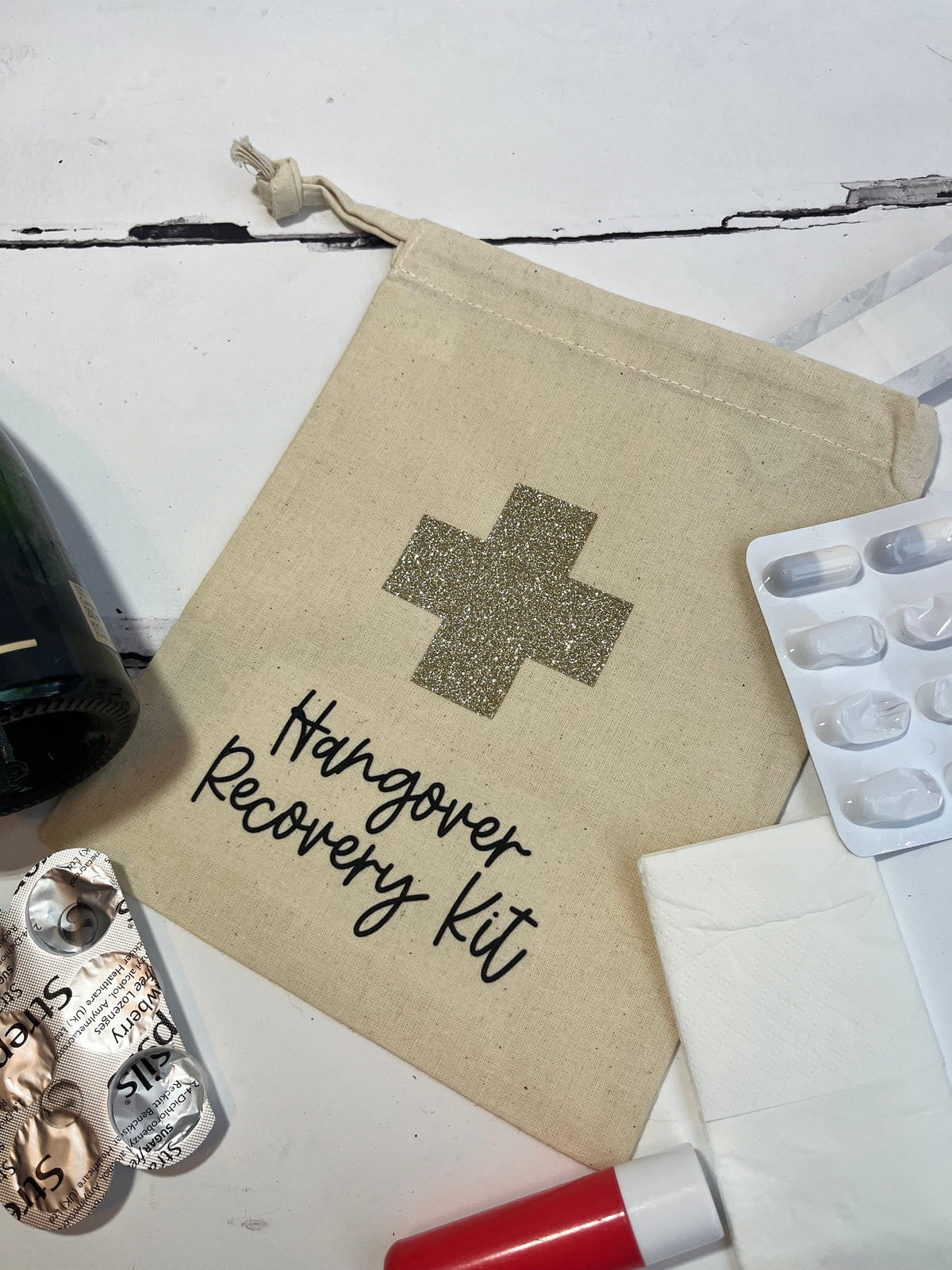 Personalised Cotton Hangover Recovery Kit Bag: Bachelorette Party Favour