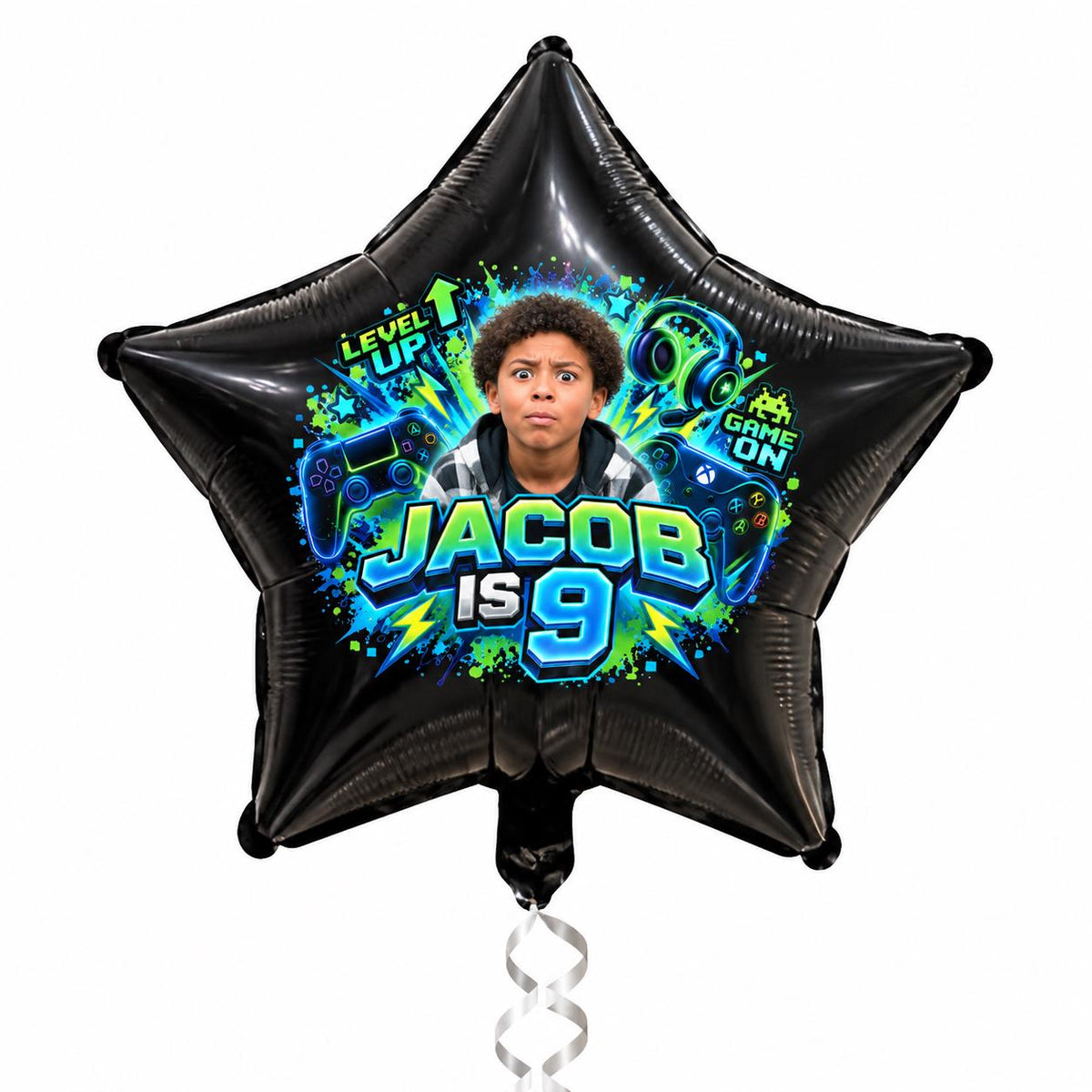 Personalised Gamer Birthday Balloon, Custom Photo 18" Black Foil Star Balloon