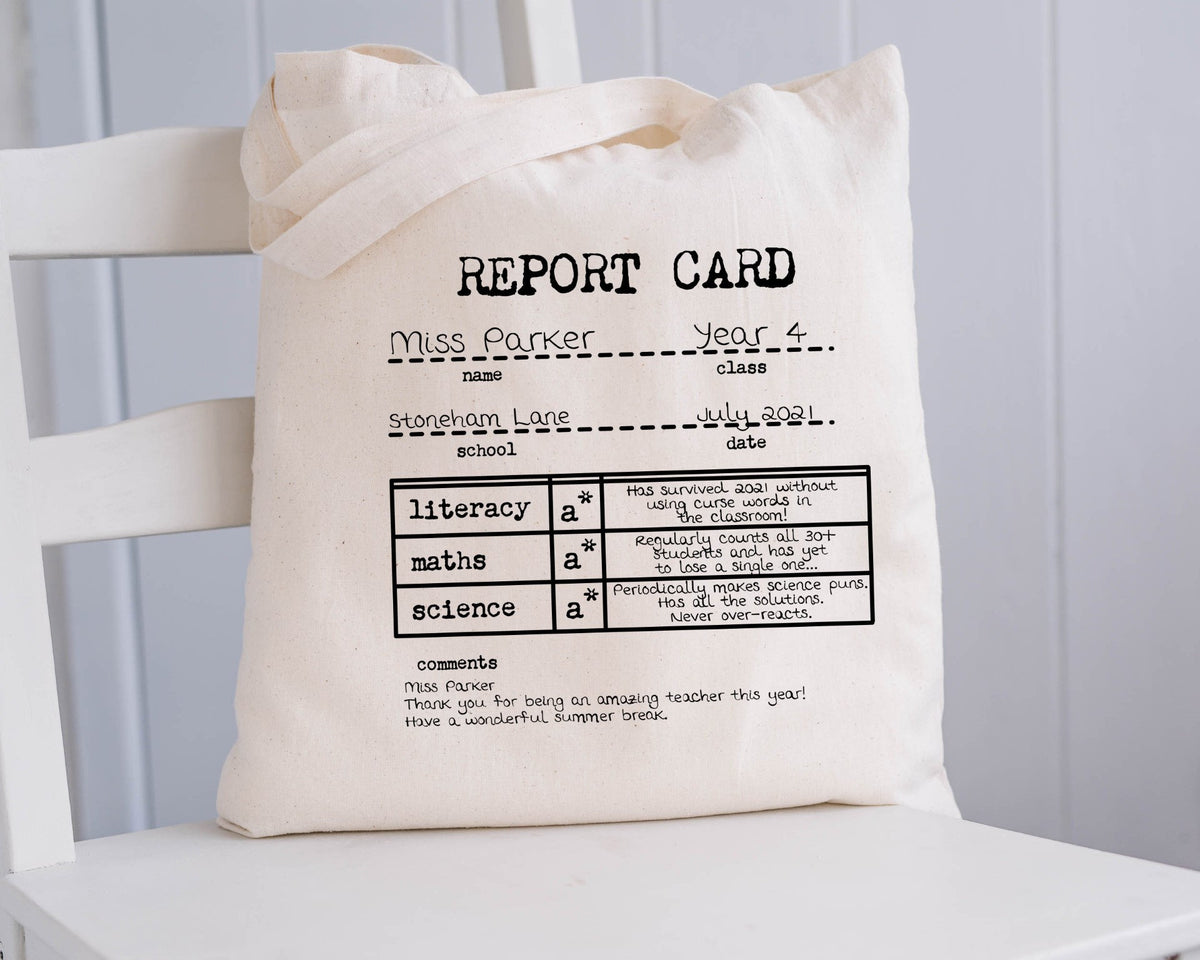 Personalised Teacher Report Card Cotton Tote Bag - Funny End of Year Gift
