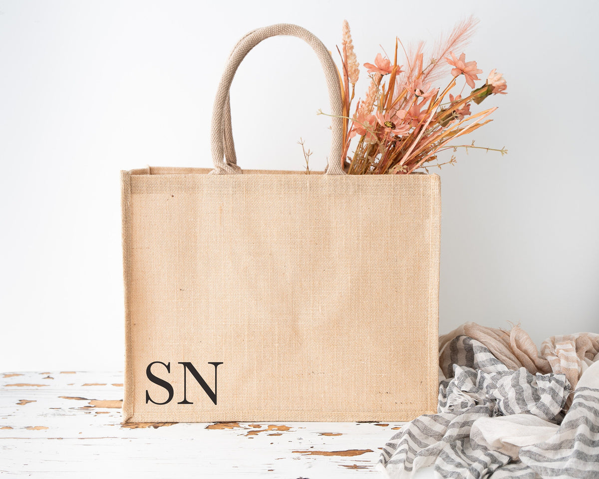 Monogram Jute Tote Bag: Personalised Initial Hessian Shopper